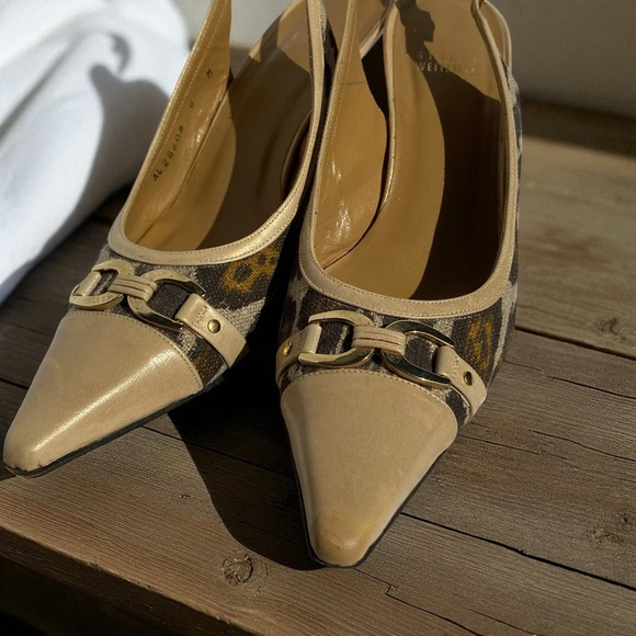 Stuart Weitzman Tan and Gold Leopard kitten slingback Heels - Picture 7 of 11